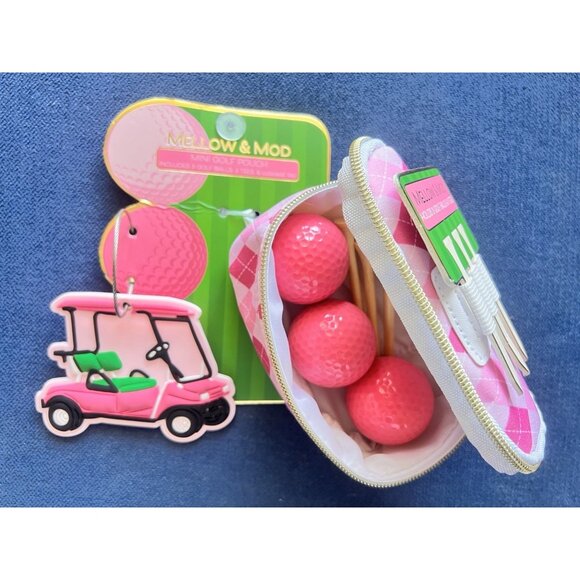 Pink Mini GOLF Pouch Bag Set Tag 3 Balls +Tees Golfer Gift Mellow & Mod Sports - Picture 6 of 8